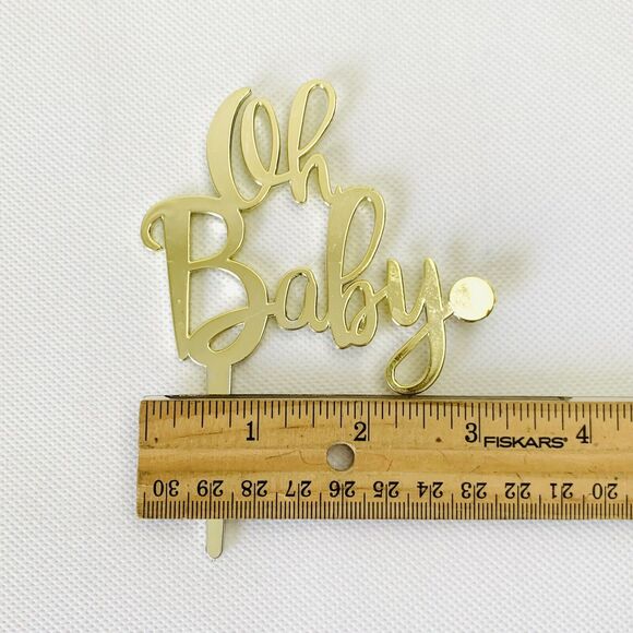 Oh Baby Cake Topper Gold Baby Shower Gender Reveal Party Cupcake Cursive Font - Picture 3 of 4